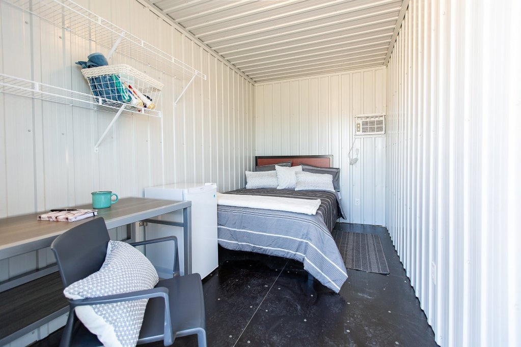 The inside of one of 50 individual cabins that will accommodate people experiencing unsheltered homelessness.