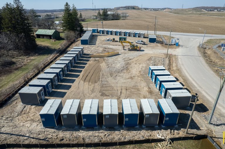 An overhead photo showing the 50 individual cabins that will accommodate those experiencing unsheltered homelessness.