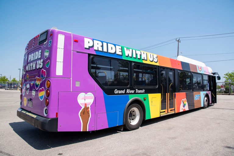 A GRT bus decorated for Pride Month.
