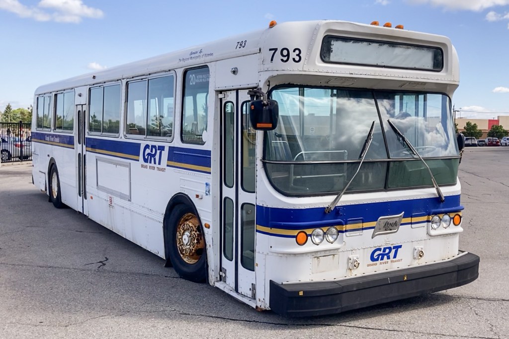 A retro 1978 bus with GRT's blue and white paint job.