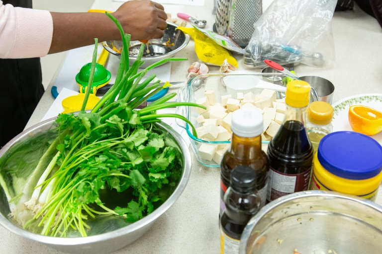 Close-up of someone preparing food.