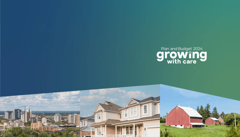 Logo that reads "2024 Plan and Budget: Growing with Care," with image of rural and urban communities.
