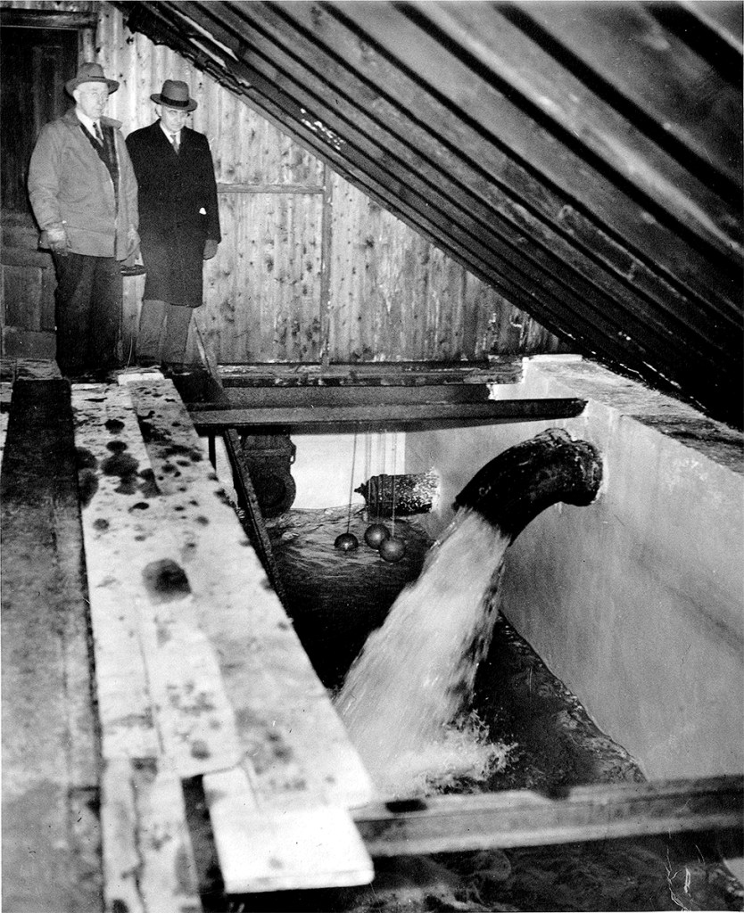 Black and white photo of two men standing in a water pumping station.