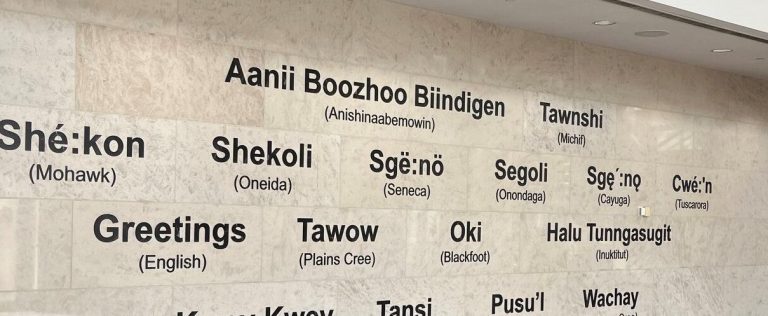 Black letters on a stone wall, spelling greetings in different Indigenous languages.
