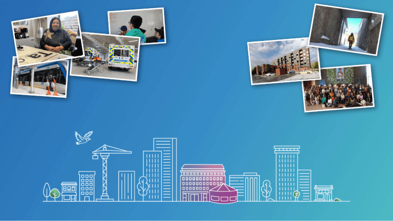Illustration of a city skyline with photos showing people and places around Waterloo Region.