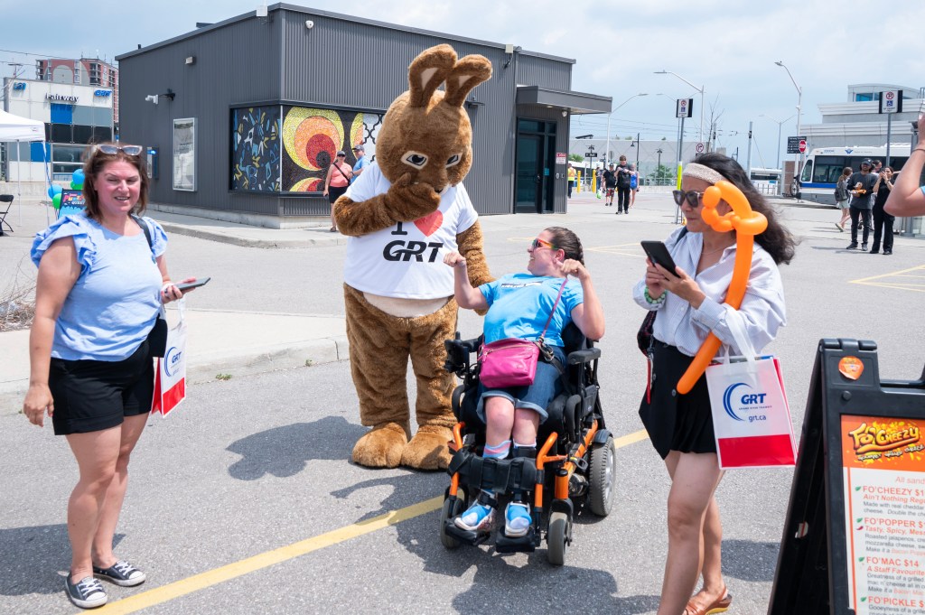 Ryder the GRT mascot greets visitors at ION's 5th anniversary.