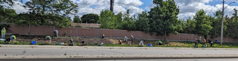 Gardeners work alongside a road.