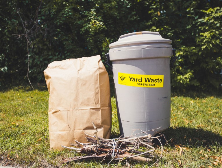 A paper yard waste bag and a plastic can with a "yard waste" label sit by a curb.