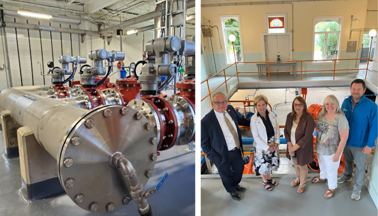 Five politicians stand inside a water treatment building.
