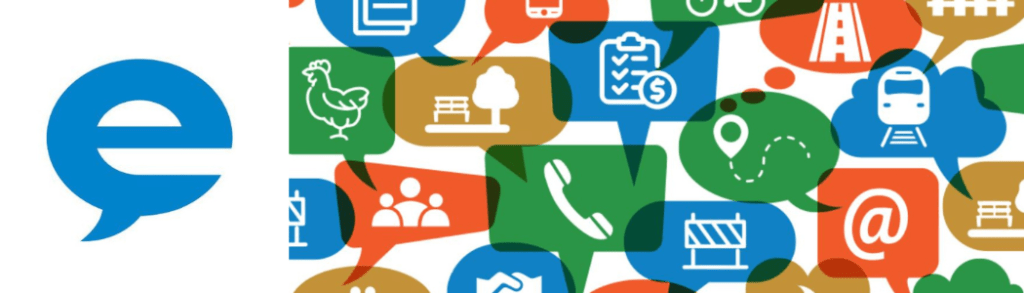 A blue "e" and colourful graphic that represents engagement though EngageWR.