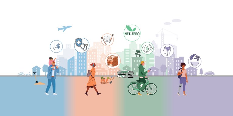 A colourful illustration showing people and icons in front of a community skyline.