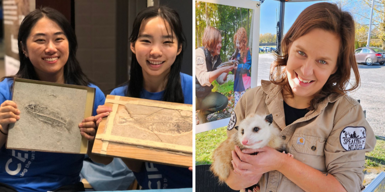 Two girls posed holding fossils, plus a person in a tan uniform holding an opossum.