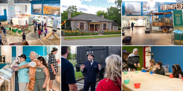 A collage of buildings and visitors at Region of Waterloo museum sites.
