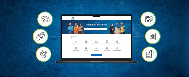 An illustration showing the Region of Waterloo's website on a screen, surrounded by six round icons.