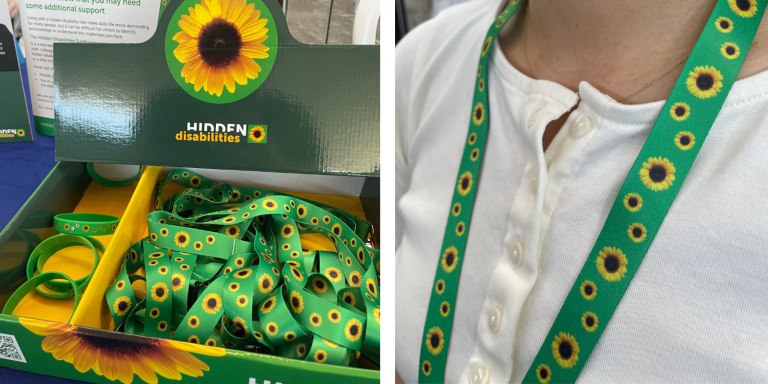 Image of a box filled with green Sunflower Program lanyards, and also a photo of a lanyard around someone's neck.