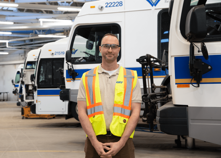 GRT's Matt Landowski standing in maintenance garage