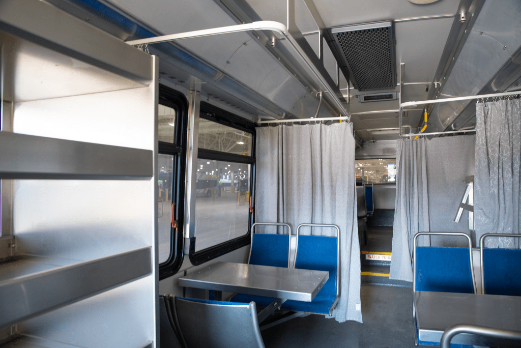 The inside of a GRT bus that was repurposed by Public Health to provide mobile vaccines. 