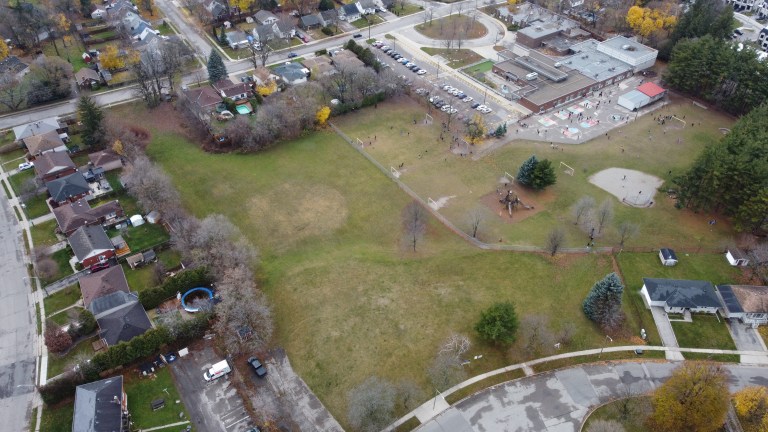 An aerial photo of the lands on Lauris Ave in Cambridge where a new co-operative housing building is planned.